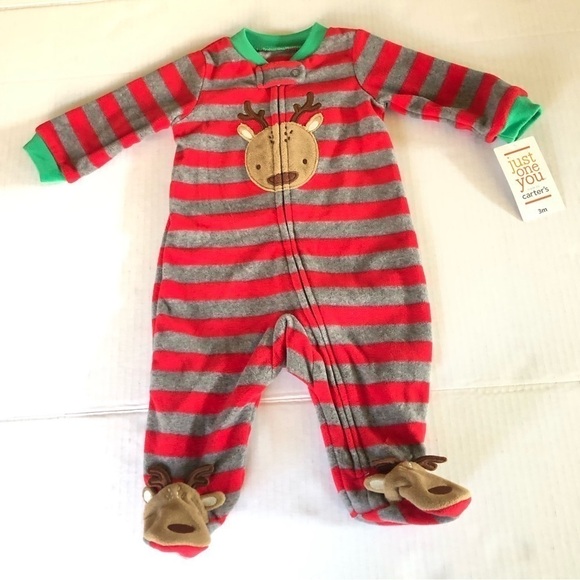 Carter’s Just One You Baby Boys' Reindeer Striped Fleece Footies Size 3M - Picture 2 of 13